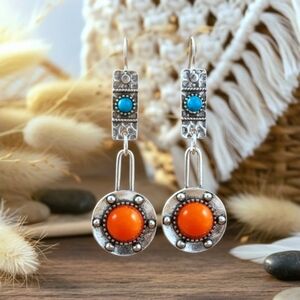 Vintage Style Boho Chic Drop Trendy Spring Earrings Orange Turquoise Accents